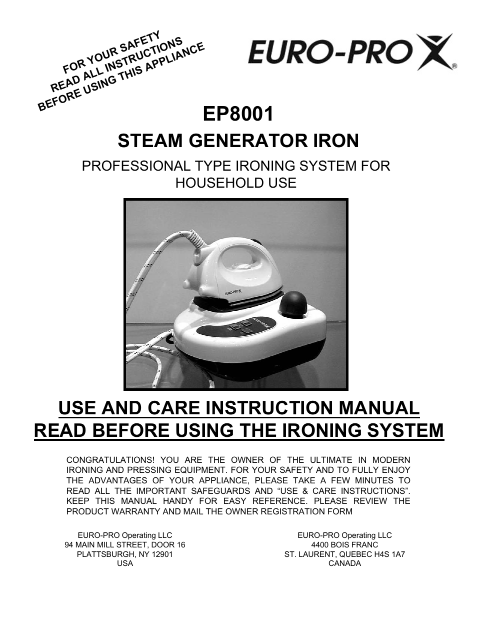 Euro-Pro STEAM GENERATOR IRON EP8001 User Manual | 12 pages