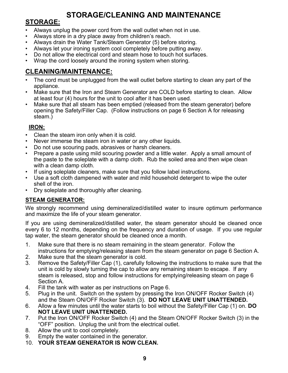 Storage/cleaning and maintenance | Euro-Pro STEAM GENERATOR IRON EP8001 User Manual | Page 10 / 12