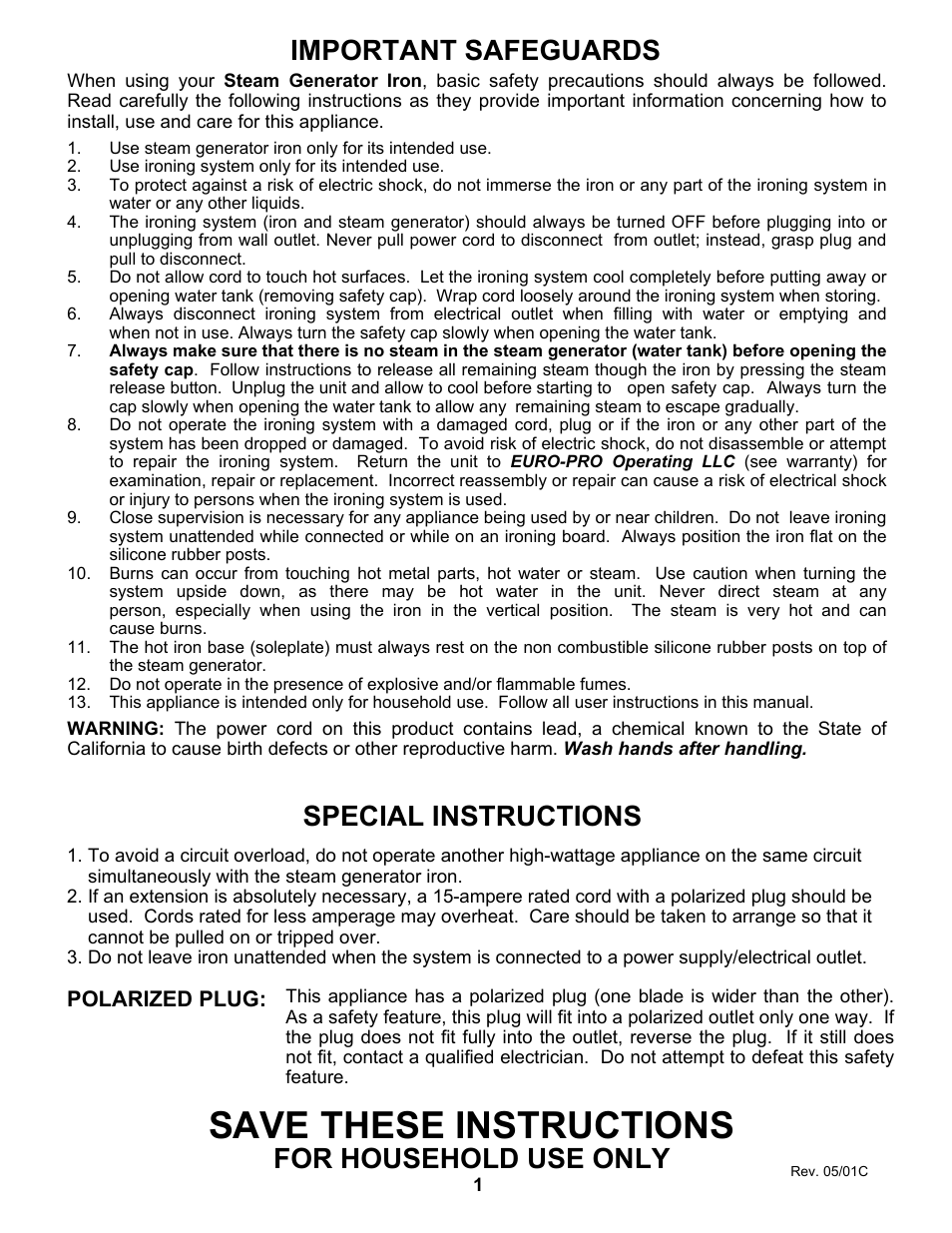 Save these instructions, Important safeguards, Special instructions | For household use only | Euro-Pro STEAM GENERATOR IRON EP8001 User Manual | Page 2 / 12