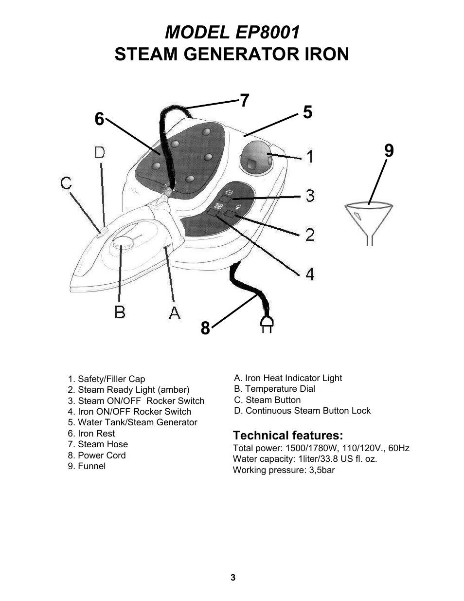 Euro-Pro STEAM GENERATOR IRON EP8001 User Manual | Page 4 / 12