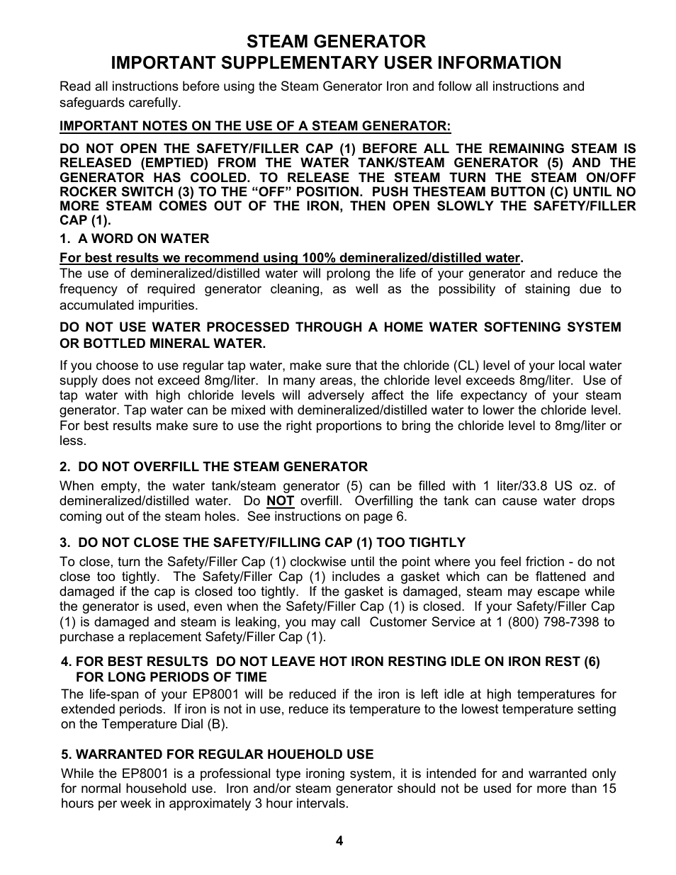 Euro-Pro STEAM GENERATOR IRON EP8001 User Manual | Page 5 / 12