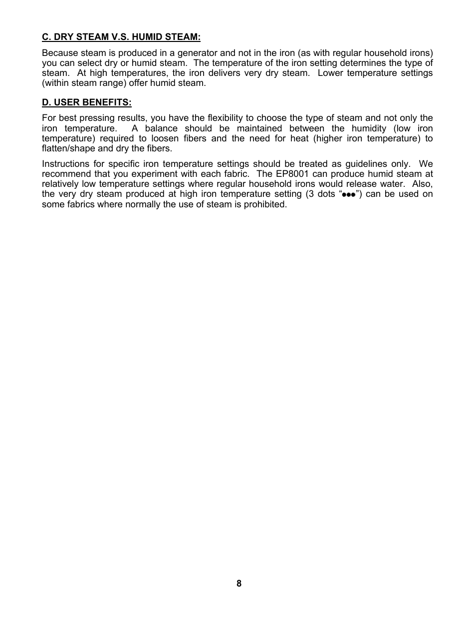 Euro-Pro STEAM GENERATOR IRON EP8001 User Manual | Page 9 / 12