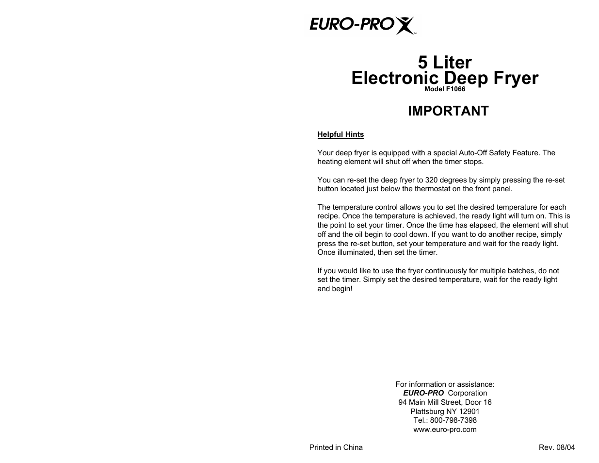 Euro-Pro F1066 User Manual | 1 page