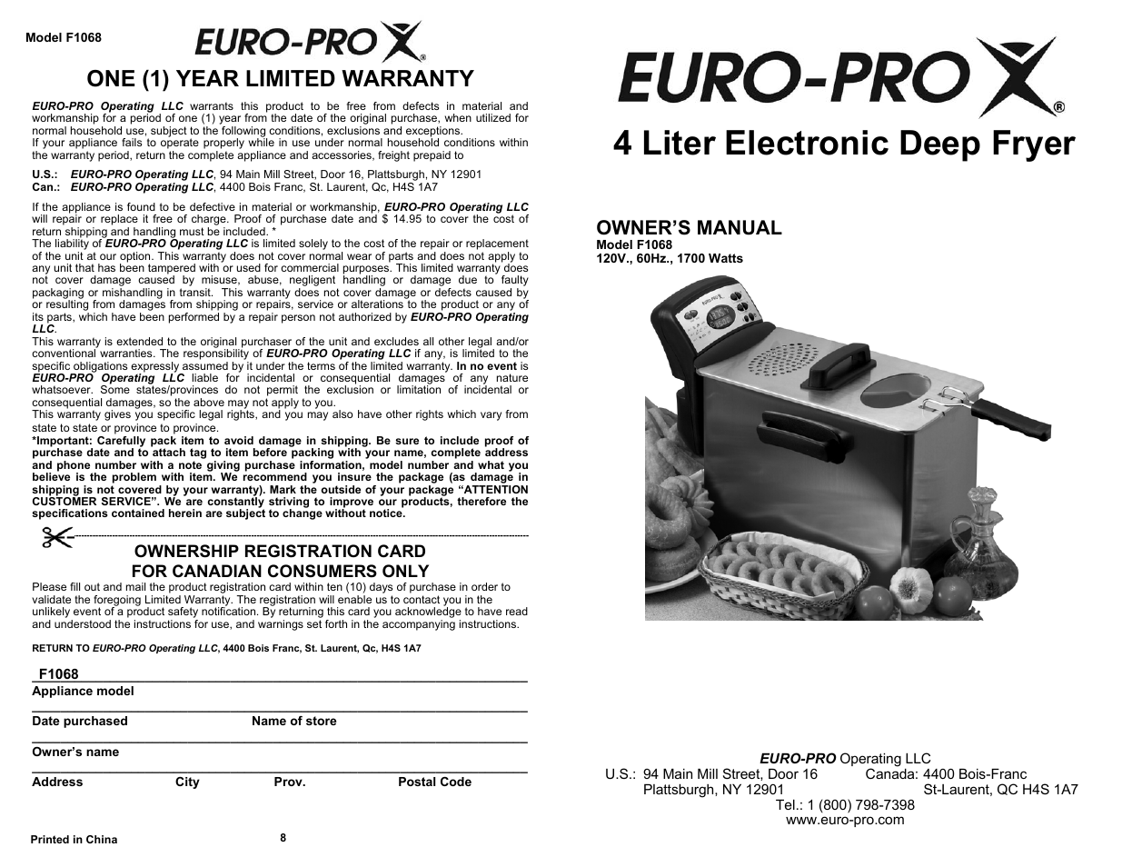 Euro-Pro 4 LITER ELECTRONIC DEEP FRYER F1068 User Manual | 6 pages