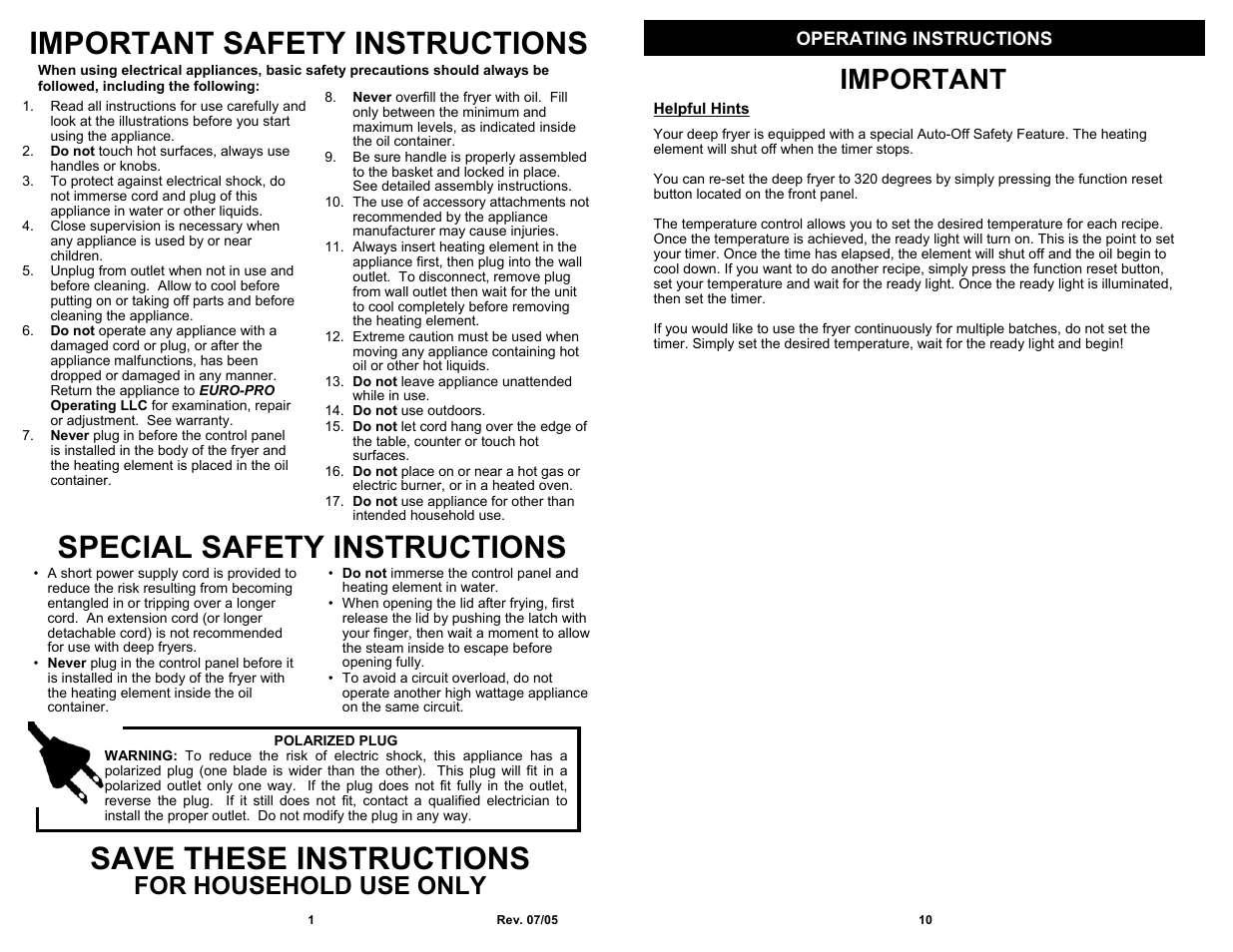 Important safety instructions, Special safety instructions, Save these instructions | Important, For household use only | Euro-Pro 4 LITER ELECTRONIC DEEP FRYER F1068 User Manual | Page 2 / 6