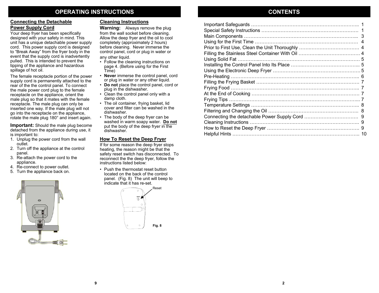 Operating instructions contents | Euro-Pro 4 LITER ELECTRONIC DEEP FRYER F1068 User Manual | Page 3 / 6