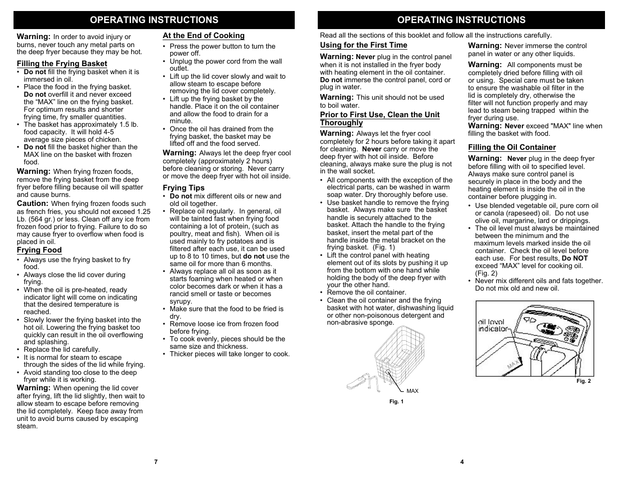 Operating instructions | Euro-Pro 4 LITER ELECTRONIC DEEP FRYER F1068 User Manual | Page 5 / 6