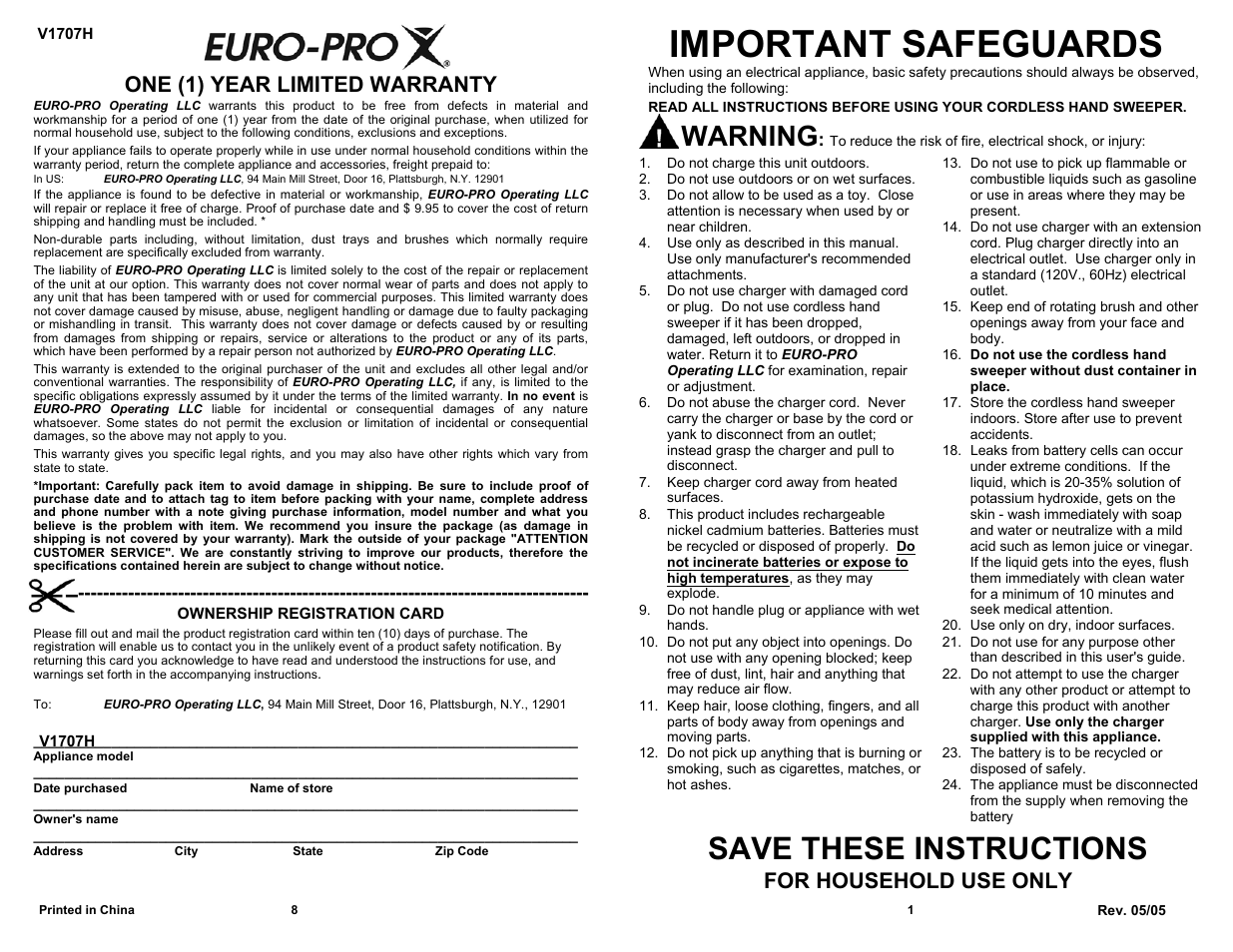 Important safeguards, Save these instructions, Warning | One (1) year limited warranty, For household use only | Euro-Pro V1707H User Manual | Page 3 / 6