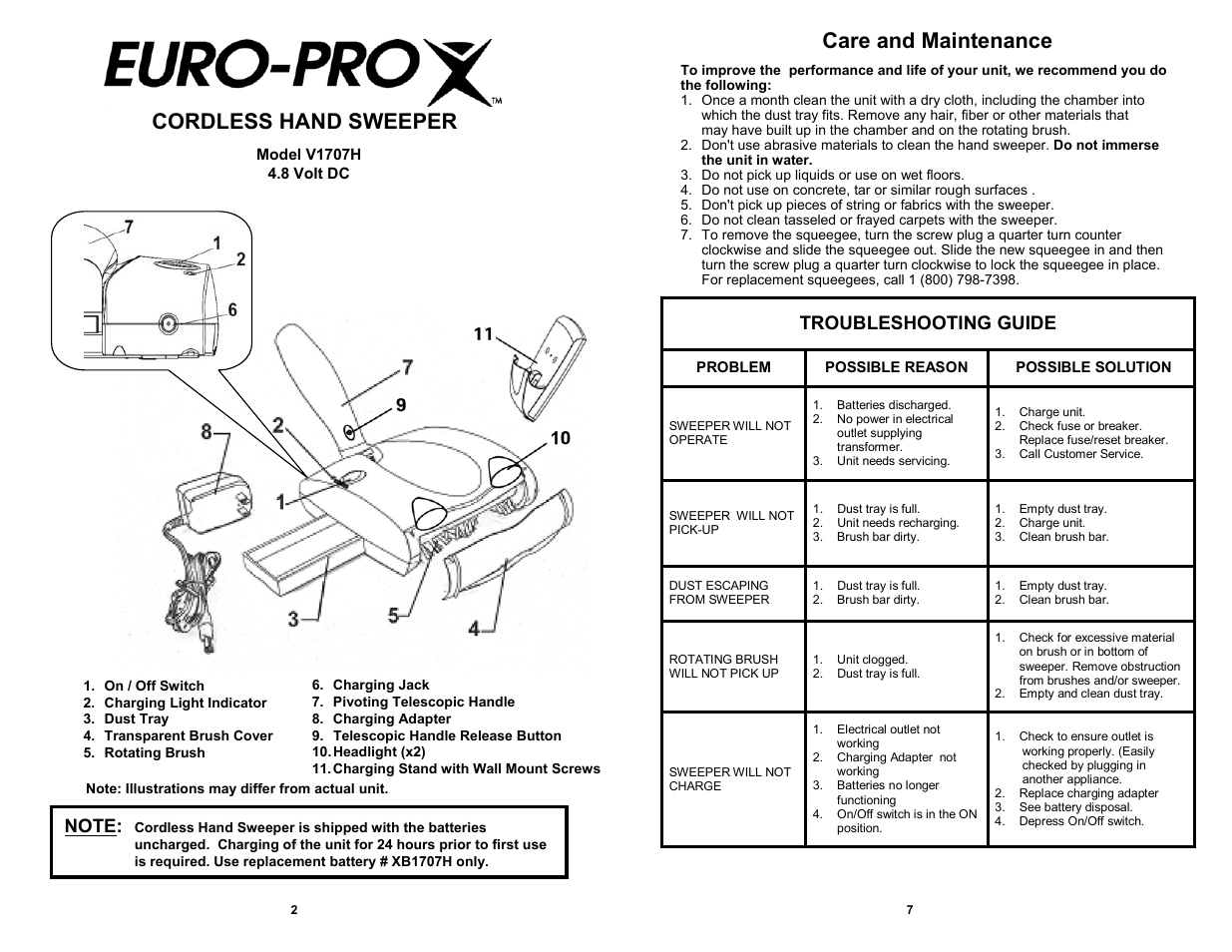 Care and maintenance, Cordless hand sweeper, Troubleshooting guide | Euro-Pro V1707H User Manual | Page 4 / 6