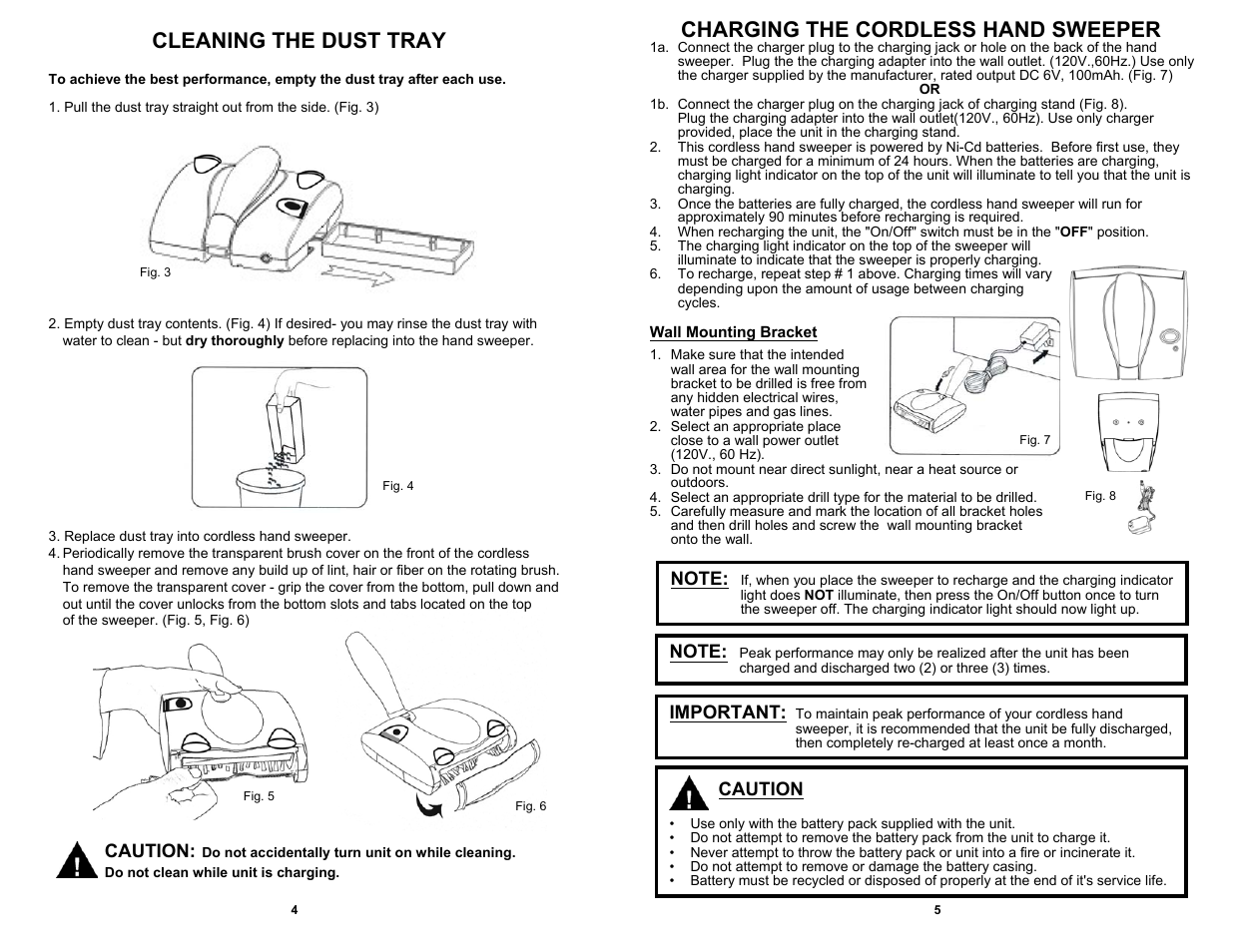 Charging the cordless hand sweeper, Cleaning the dust tray, Caution | Important | Euro-Pro V1707H User Manual | Page 6 / 6