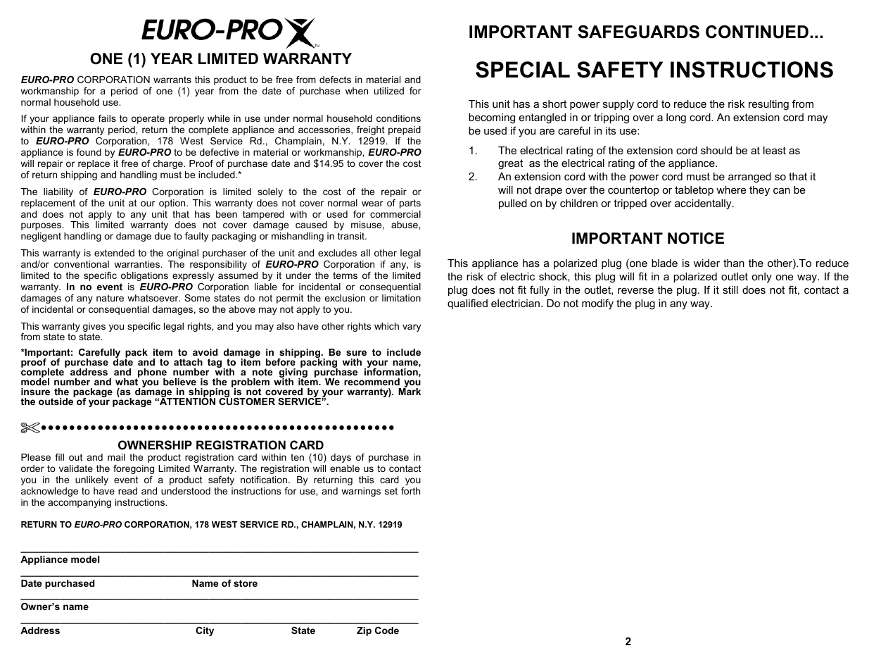 Special safety instructions, Important safeguards continued | Euro-Pro ROTISSERIE EP277 User Manual | Page 3 / 8