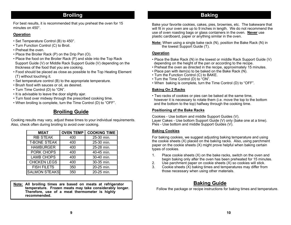 Broiling, Broiling guide, Baking | Baking guide | Euro-Pro ROTISSERIE EP277 User Manual | Page 7 / 8