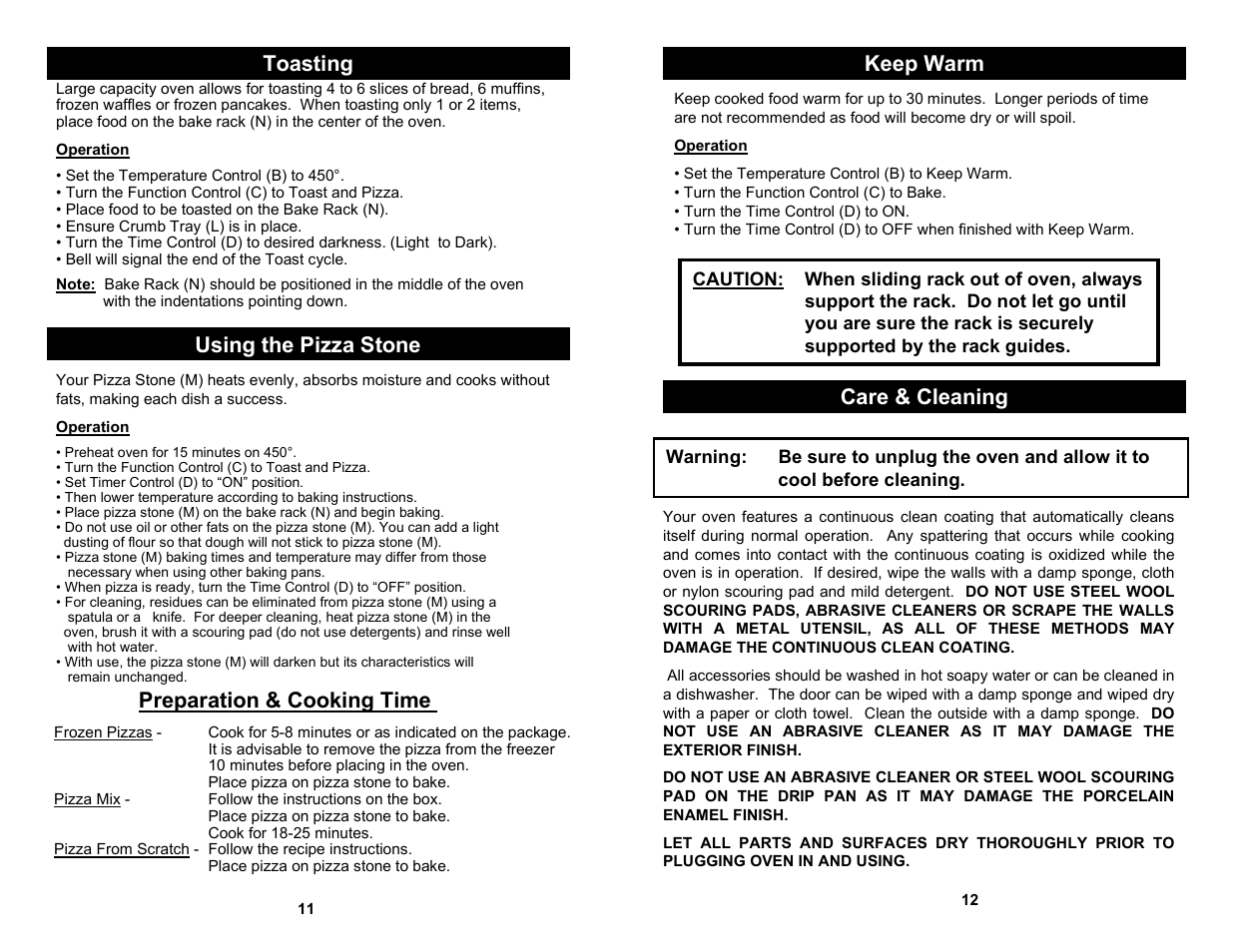 Toasting, Keep warm, Care & cleaning | Using the pizza stone, Preparation & cooking time | Euro-Pro ROTISSERIE EP277 User Manual | Page 8 / 8