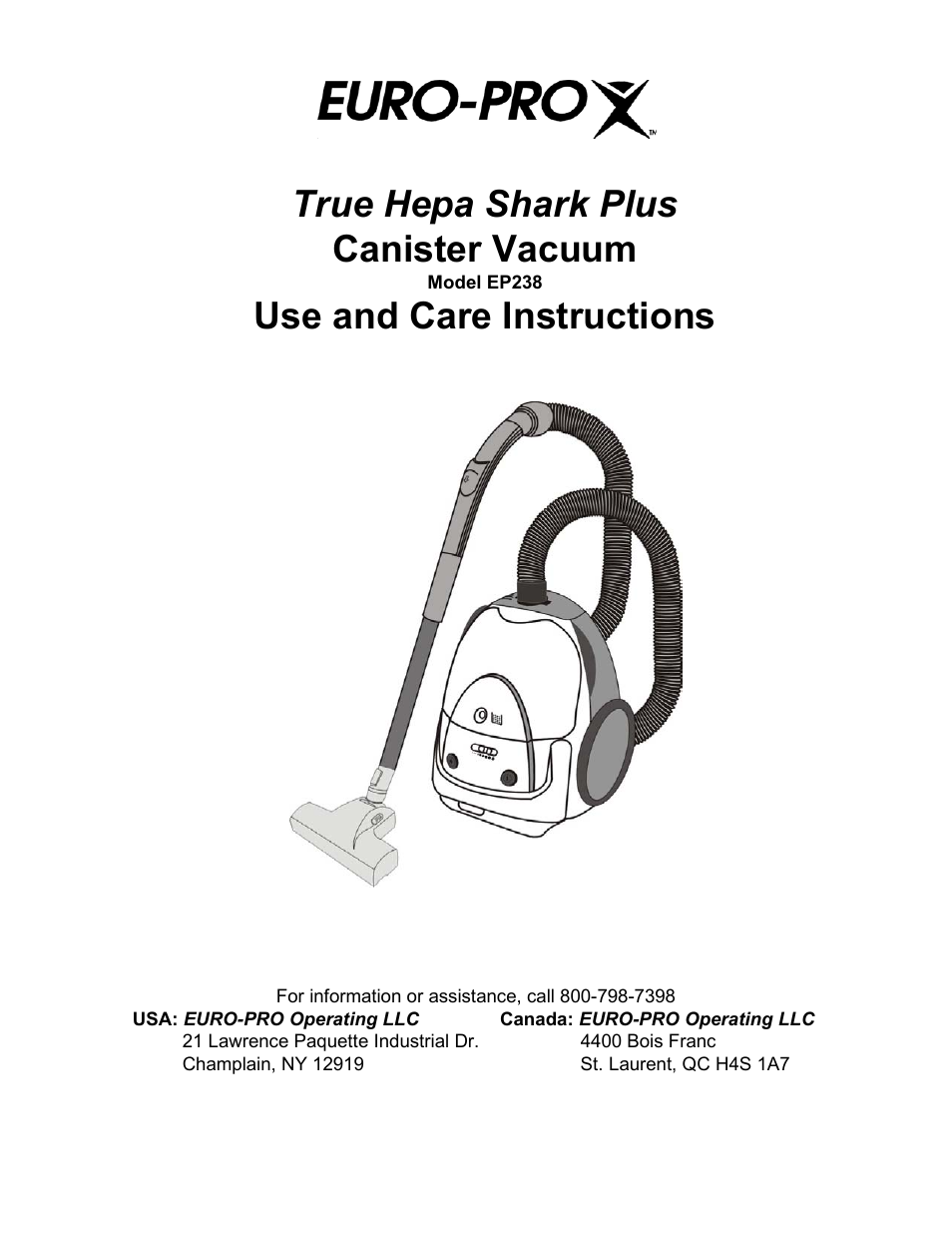 Euro-Pro TRUE HEPA SHARK PLUS EP238 User Manual | 10 pages