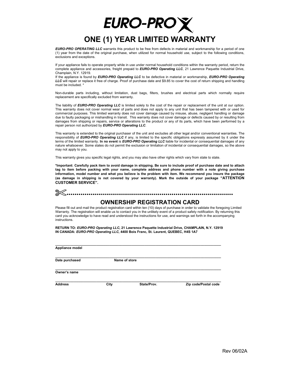 One (1) year limited warranty, Ownership registration card | Euro-Pro TRUE HEPA SHARK PLUS EP238 User Manual | Page 10 / 10