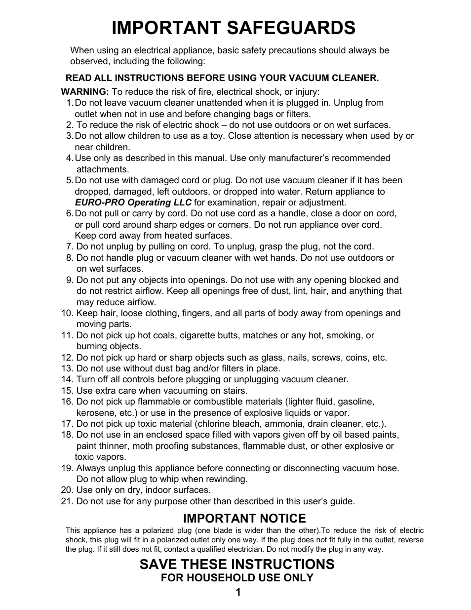 Important safeguards, Save these instructions, Important notice | Euro-Pro TRUE HEPA SHARK PLUS EP238 User Manual | Page 2 / 10