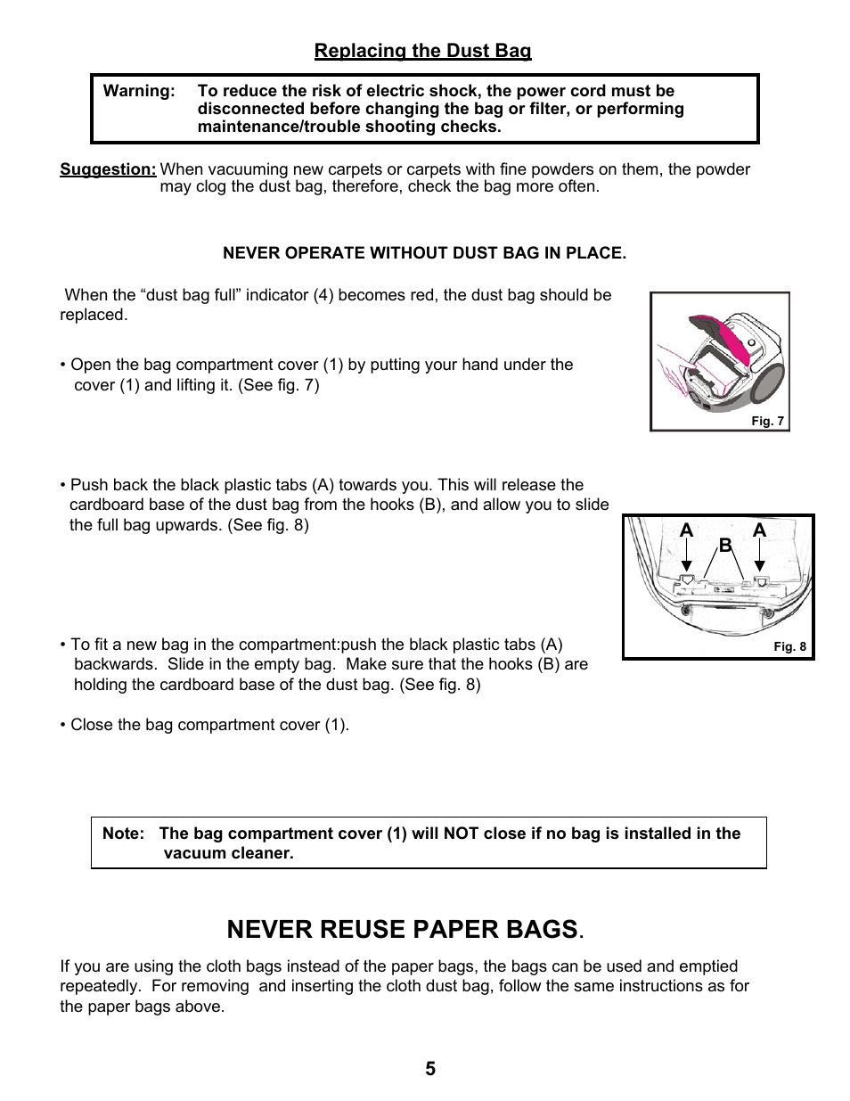 Never reuse paper bags | Euro-Pro TRUE HEPA SHARK PLUS EP238 User Manual | Page 6 / 10