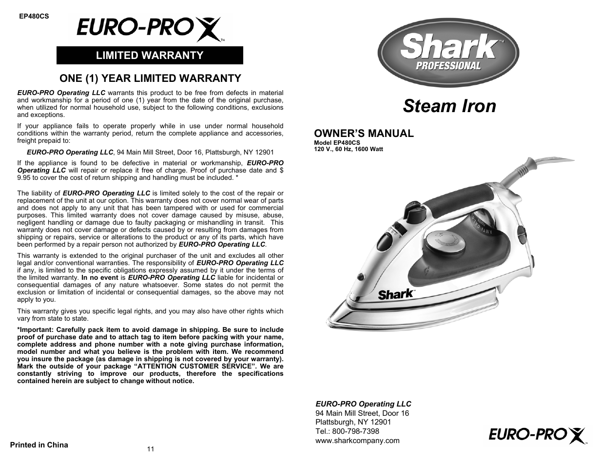 Euro-Pro SHARK PROFESSIONAL EP480CS User Manual | 6 pages