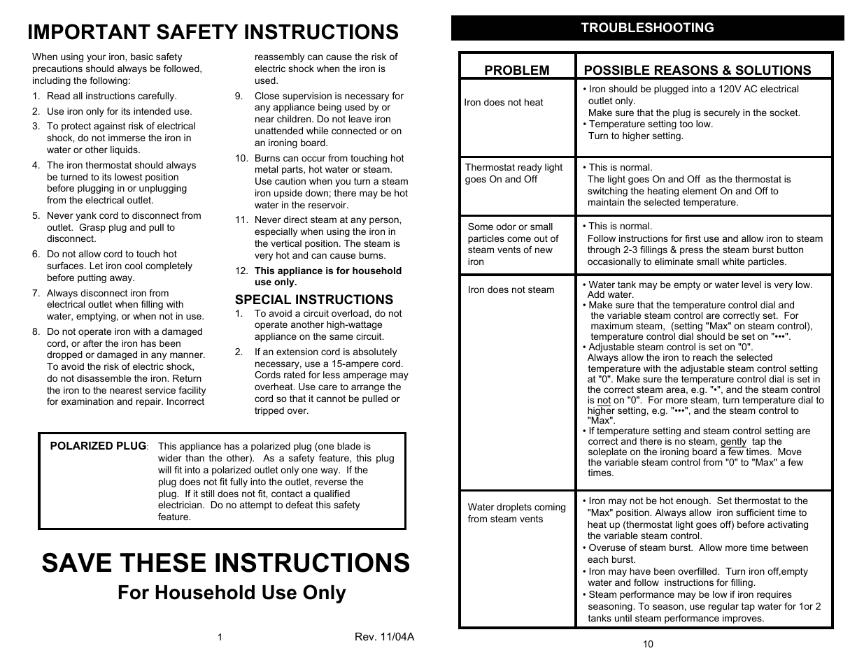 Save these instructions, Important safety instructions, For household use only | Euro-Pro SHARK PROFESSIONAL EP480CS User Manual | Page 2 / 6