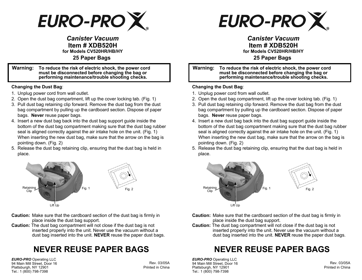 Euro-Pro XDB520H User Manual | 2 pages