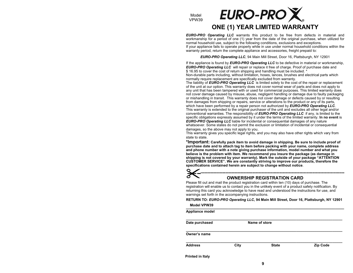 One (1) year limited warranty | Euro-Pro VPW39 User Manual | Page 2 / 6