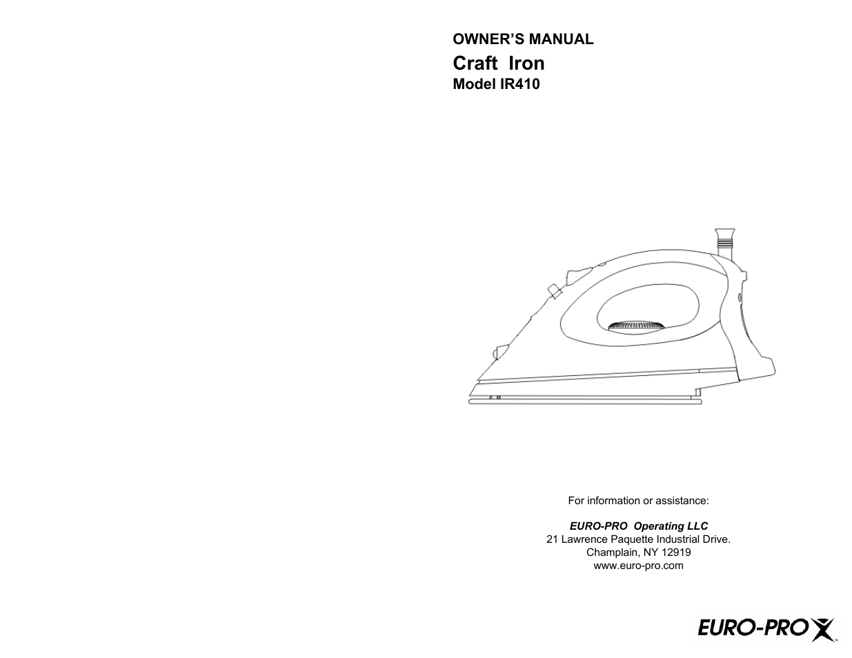 Euro-Pro CRAFT IRON IR410 User Manual | 6 pages