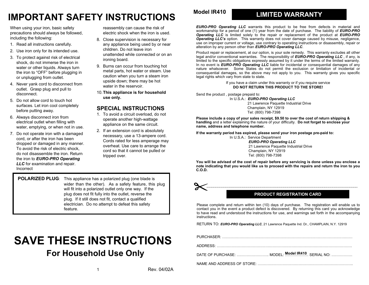 Save these instructions, Important safety instructions, For household use only | Limited warranty, Model ir410, Special instructions | Euro-Pro CRAFT IRON IR410 User Manual | Page 2 / 6