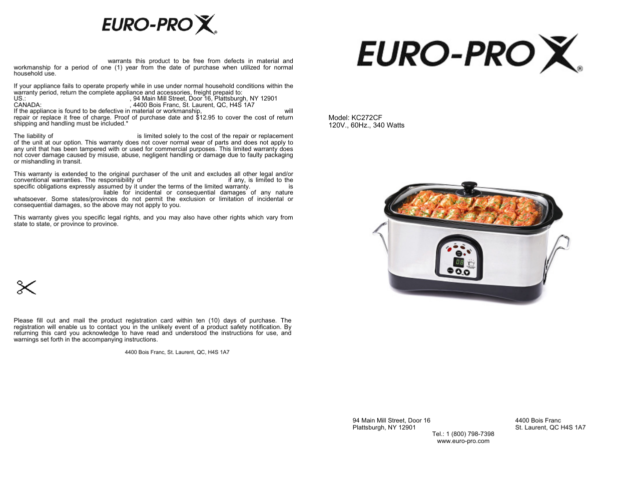 Euro-Pro KC272CF User Manual | 8 pages
