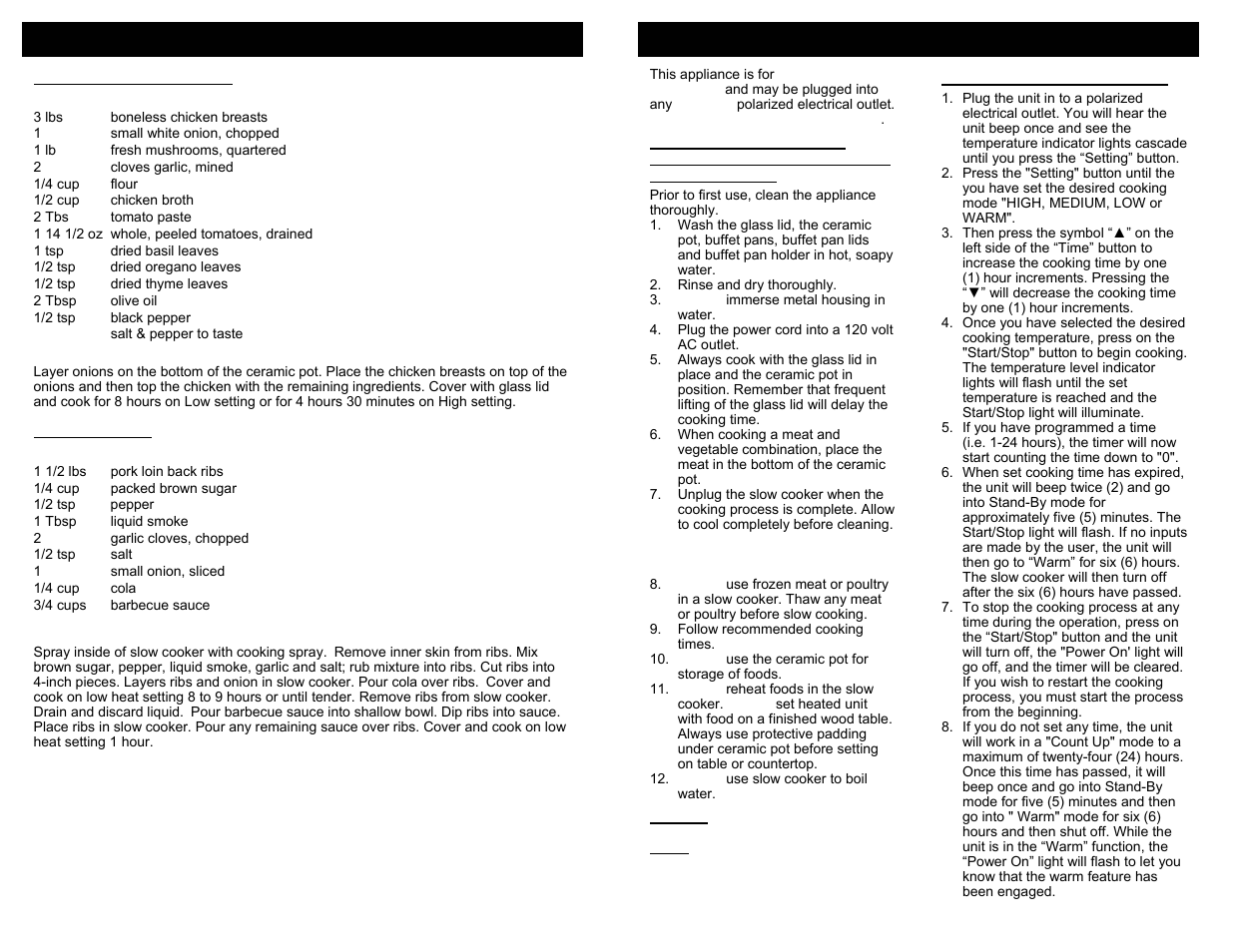 Operating instructions, Cooking recipes | Euro-Pro KC272CF User Manual | Page 5 / 8