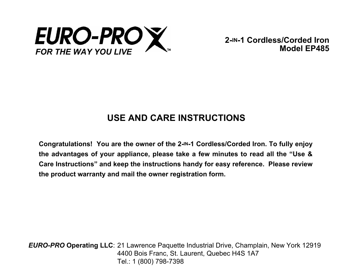 Euro-Pro EP485 User Manual | 19 pages