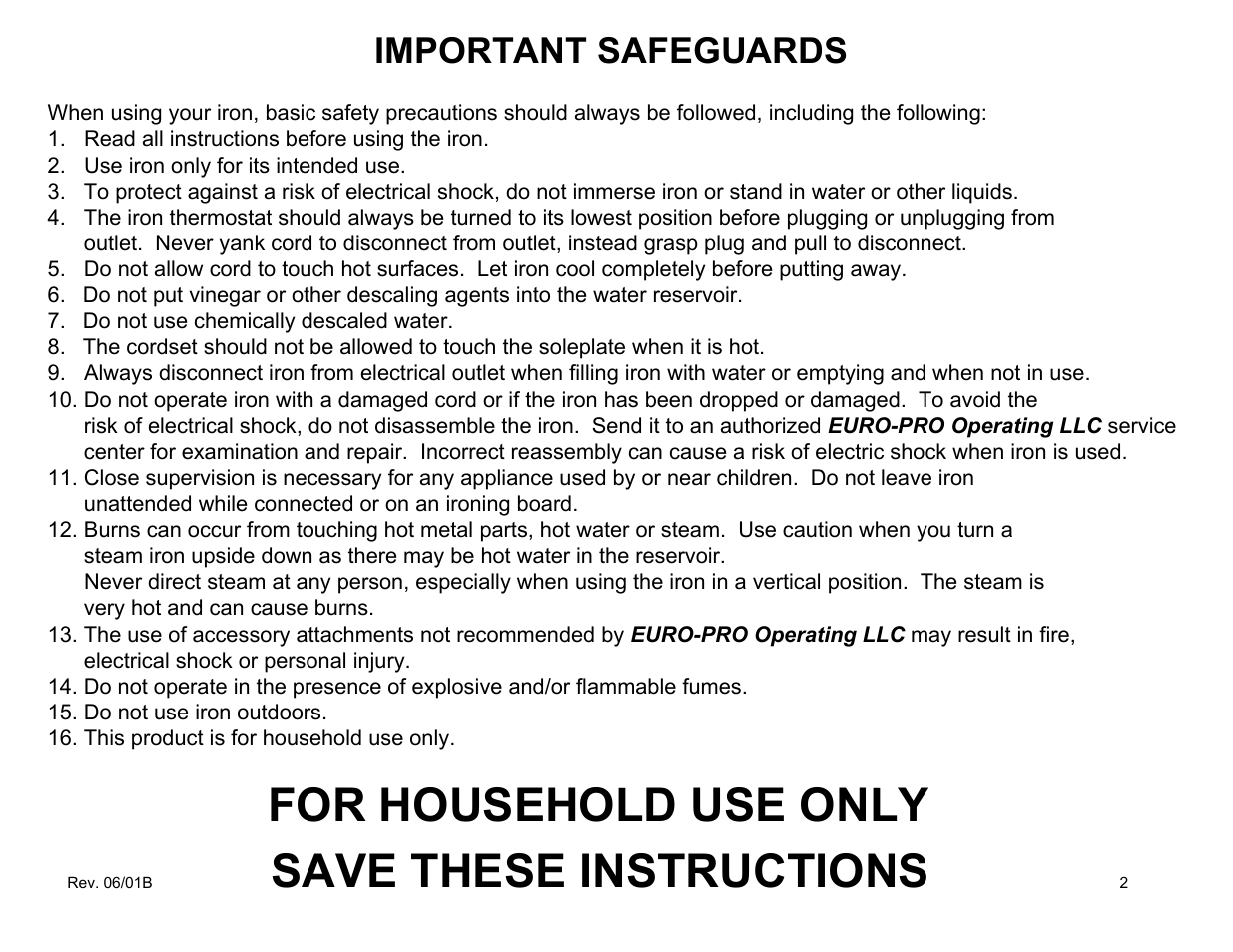 For household use only save these instructions, Important safeguards | Euro-Pro EP485 User Manual | Page 2 / 19