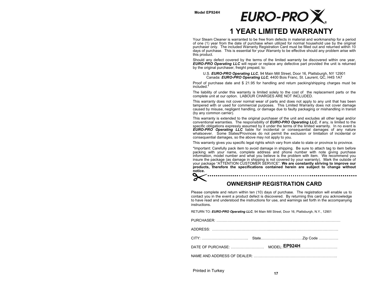 1 year limited warranty, Ownership registration card | Euro-Pro EP924H User Manual | Page 2 / 10