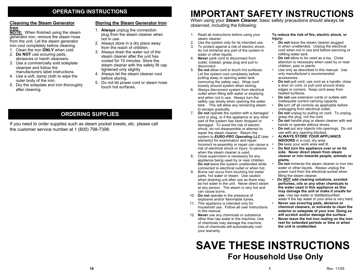 Save these instructions, Important safety instructions, For household use only | Operating instructions, Ordering supplies | Euro-Pro EP924H User Manual | Page 3 / 10