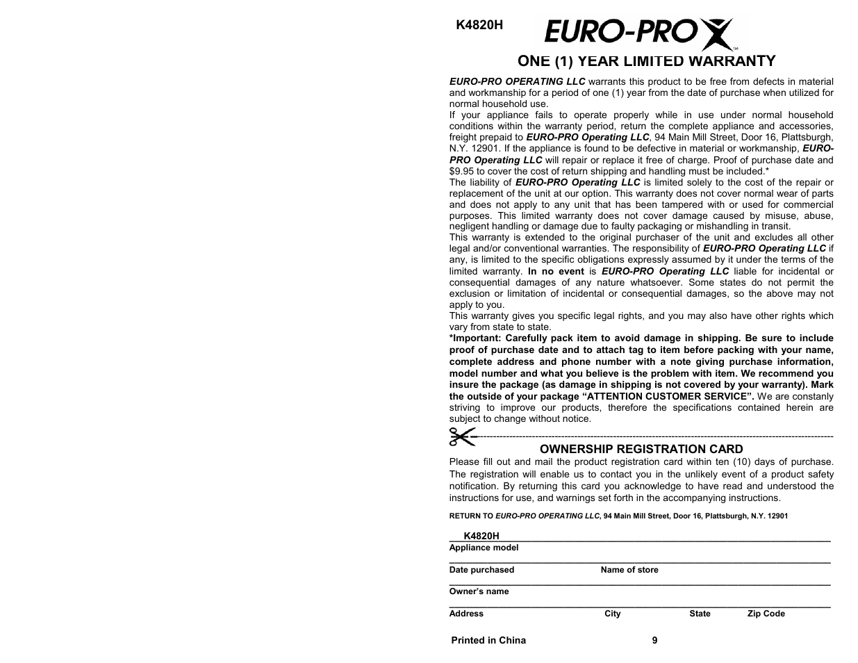 One (1) year limited warranty, K4820h, Ownership registration card | Euro-Pro BRAVETTI K4820H User Manual | Page 2 / 6