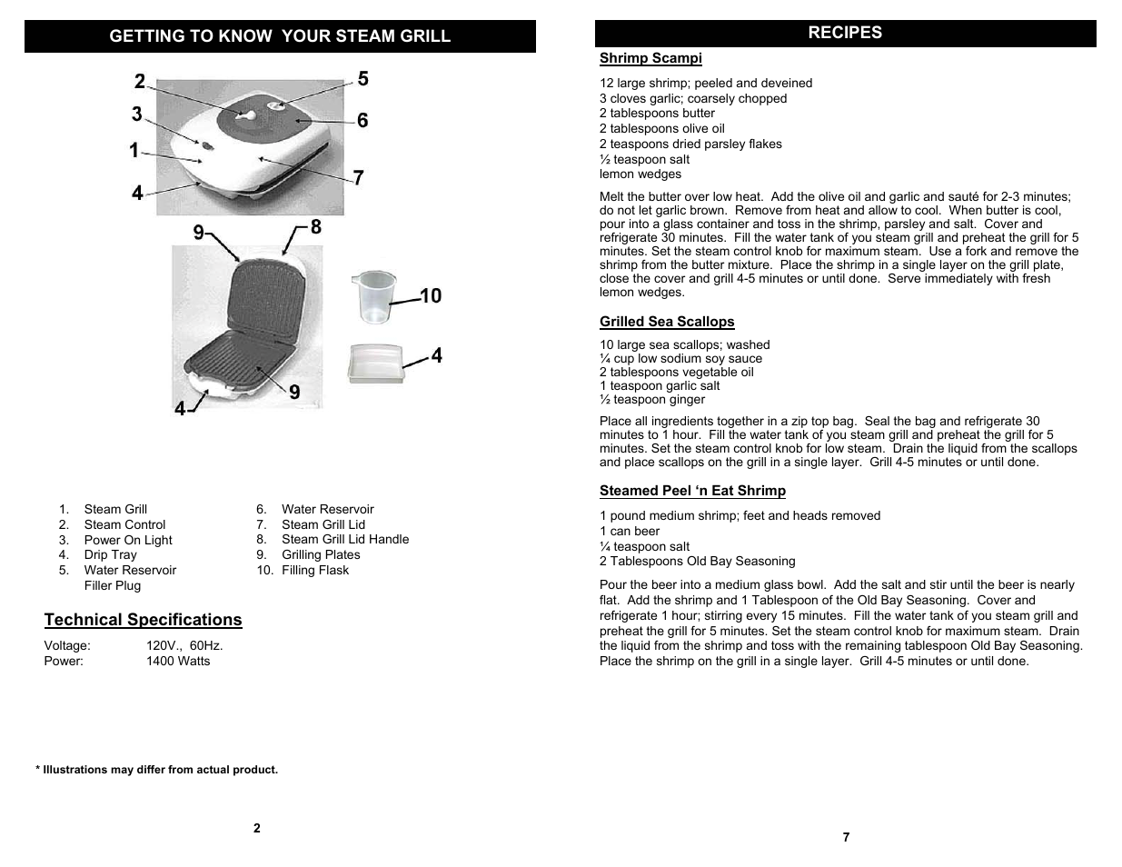 Getting to know your steam grill recipes, Technical specifications | Euro-Pro BRAVETTI K4820H User Manual | Page 4 / 6