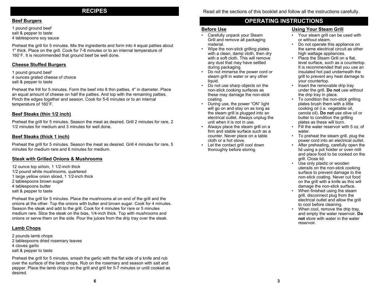 Recipes, Operating instructions | Euro-Pro BRAVETTI K4820H User Manual | Page 5 / 6