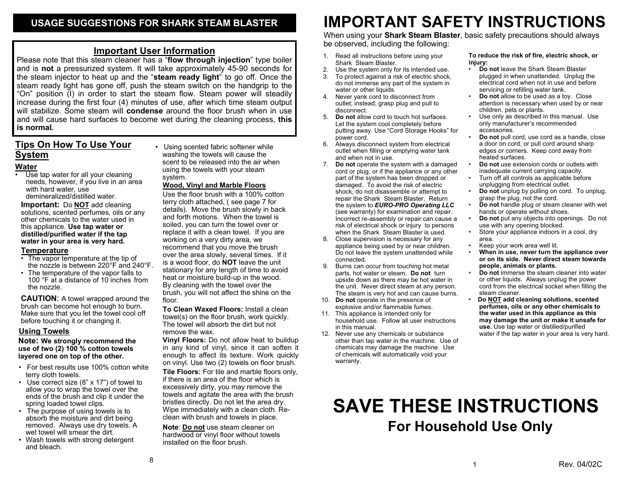 Save these instructions, Important safety instructions, For household use only | Usage suggestions for shark steam blaster, Important user information, Tips on how to use your system | Euro-Pro STEAM BLASTER EP95B User Manual | Page 3 / 6