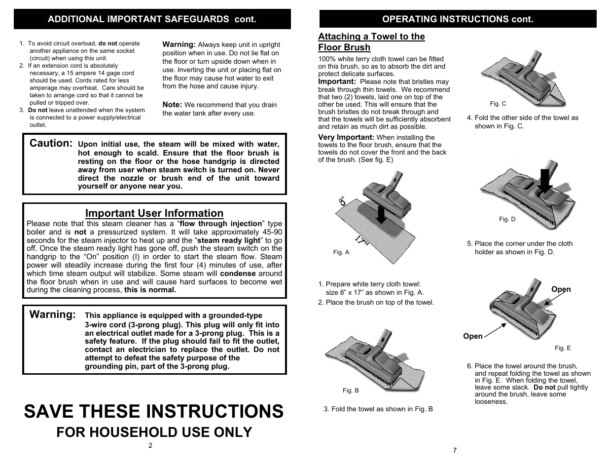 Save these instructions, For household use only, Caution | Important user information, Warning | Euro-Pro STEAM BLASTER EP95B User Manual | Page 4 / 6