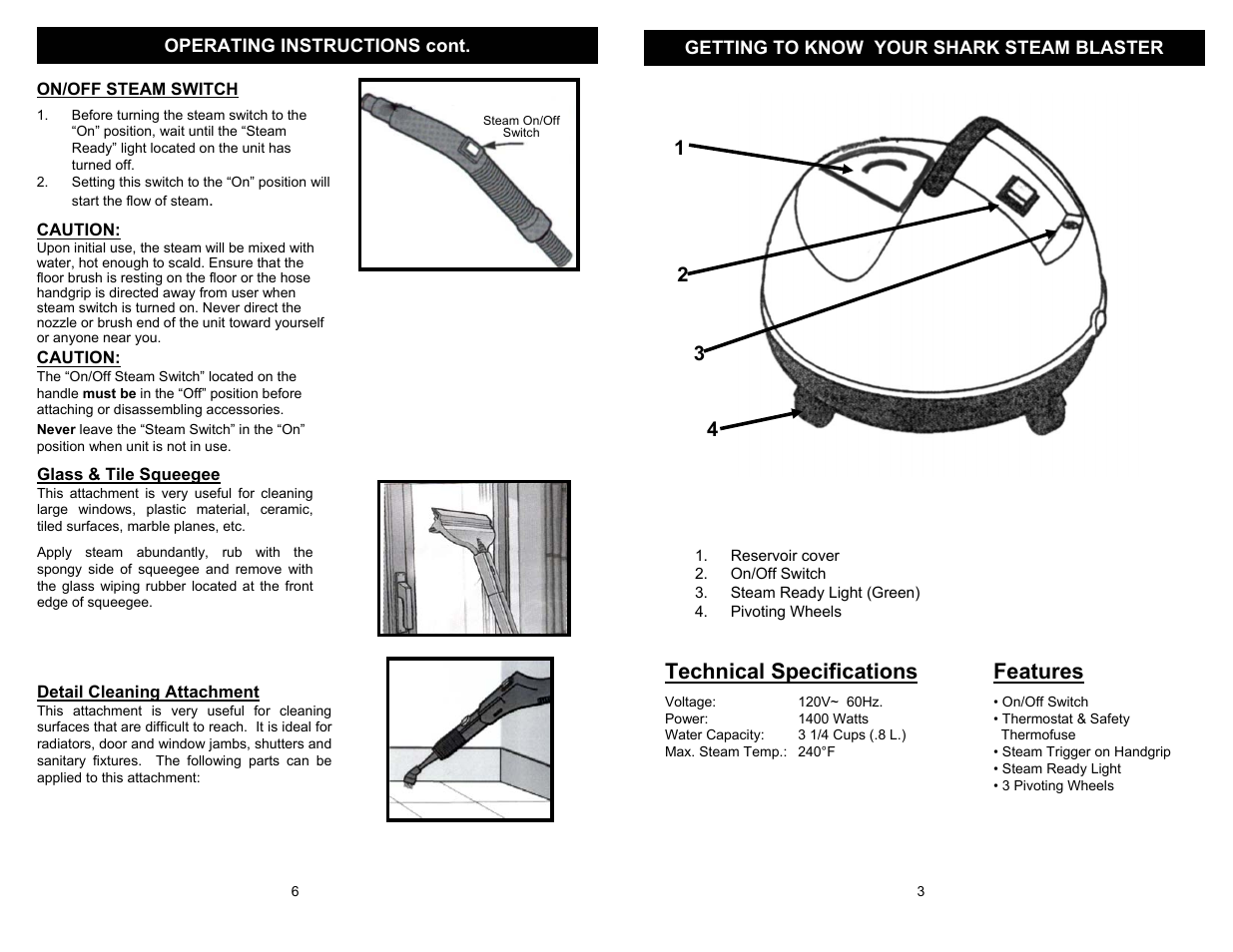 Technical specifications, Features | Euro-Pro STEAM BLASTER EP95B User Manual | Page 5 / 6