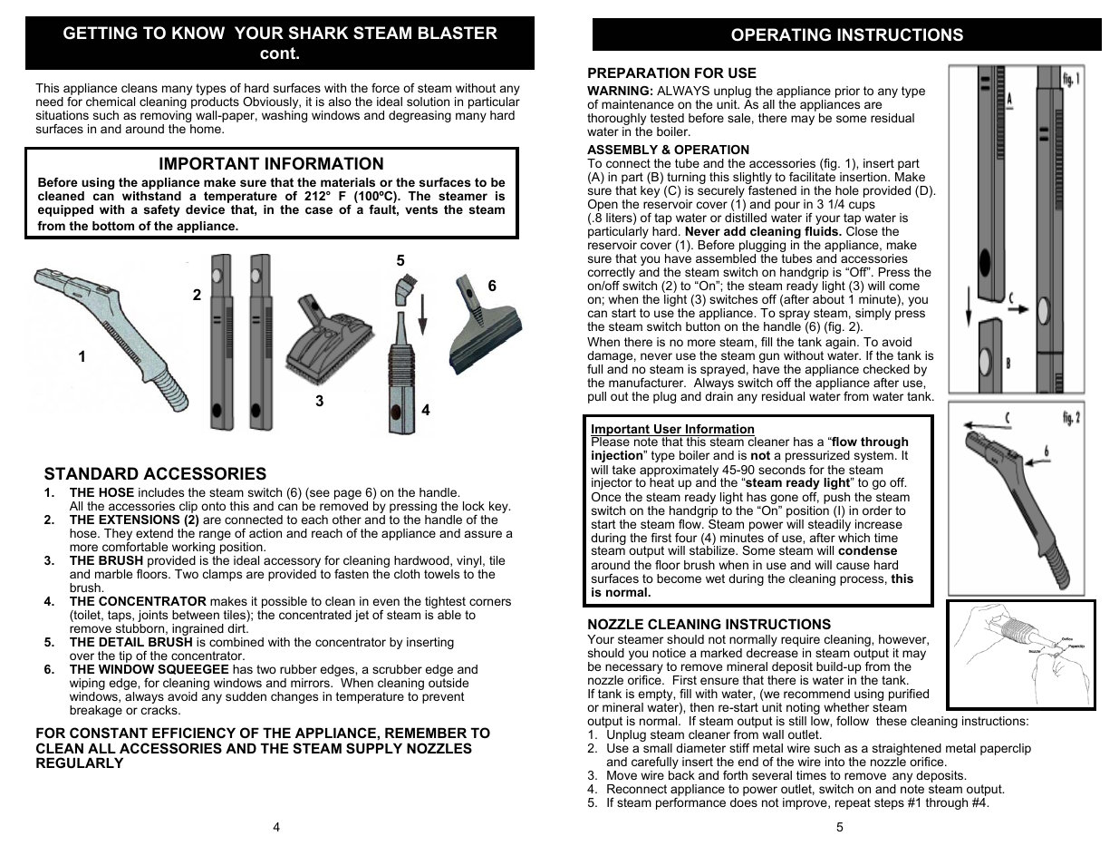 Important information, Standard accessories | Euro-Pro STEAM BLASTER EP95B User Manual | Page 6 / 6