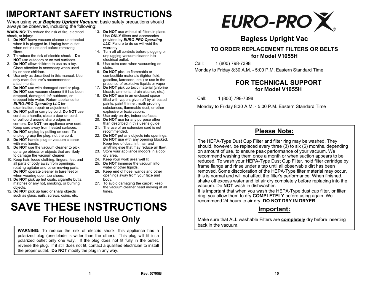 Save these instructions, Important safety instructions, For household use only | Bagless upright vac, For technical support, Important, For model v1055h | Euro-Pro V1055H User Manual | Page 2 / 6