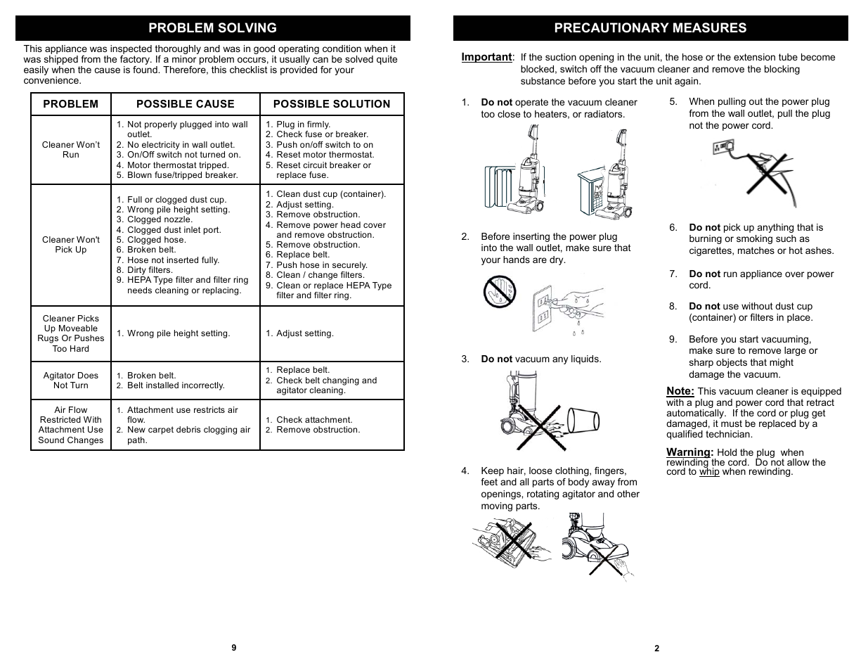 Problem solving precautionary measures | Euro-Pro V1055H User Manual | Page 3 / 6