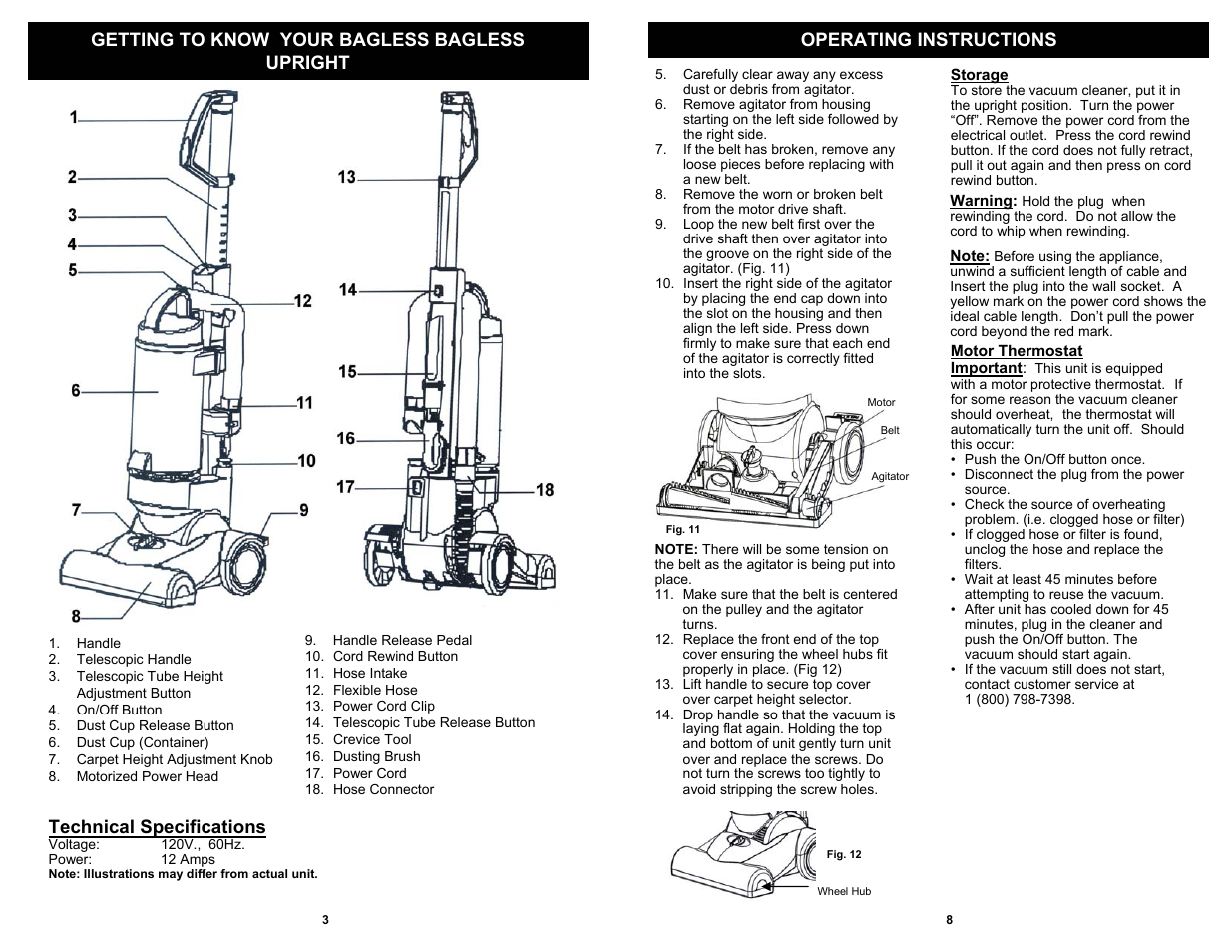 Getting to know your bagless bagless upright, Operating instructions, Technical specifications | Euro-Pro V1055H User Manual | Page 4 / 6