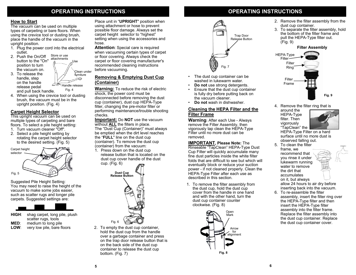 Operating instructions | Euro-Pro V1055H User Manual | Page 6 / 6