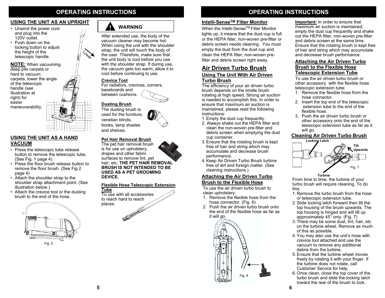 Operating instructions, Air driven turbo brush | Euro-Pro SHARK EP602H User Manual | Page 6 / 6