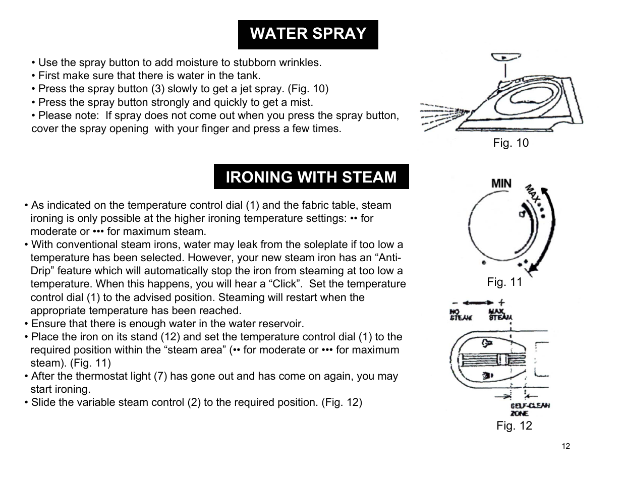 Water spray, Ironing with steam | Euro-Pro EP484 User Manual | Page 12 / 19