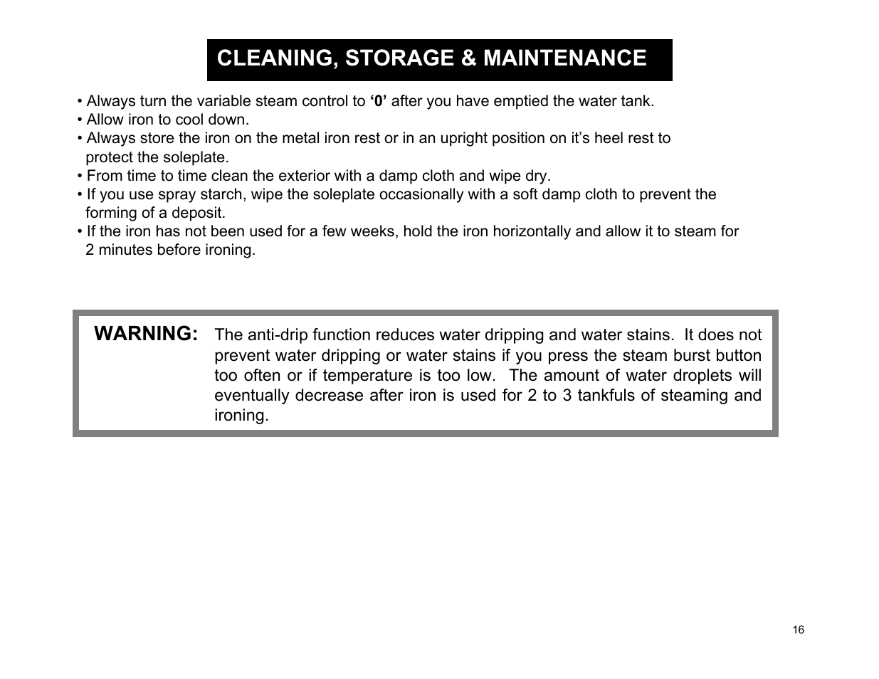 Cleaning, storage & maintenance, Warning | Euro-Pro EP484 User Manual | Page 16 / 19