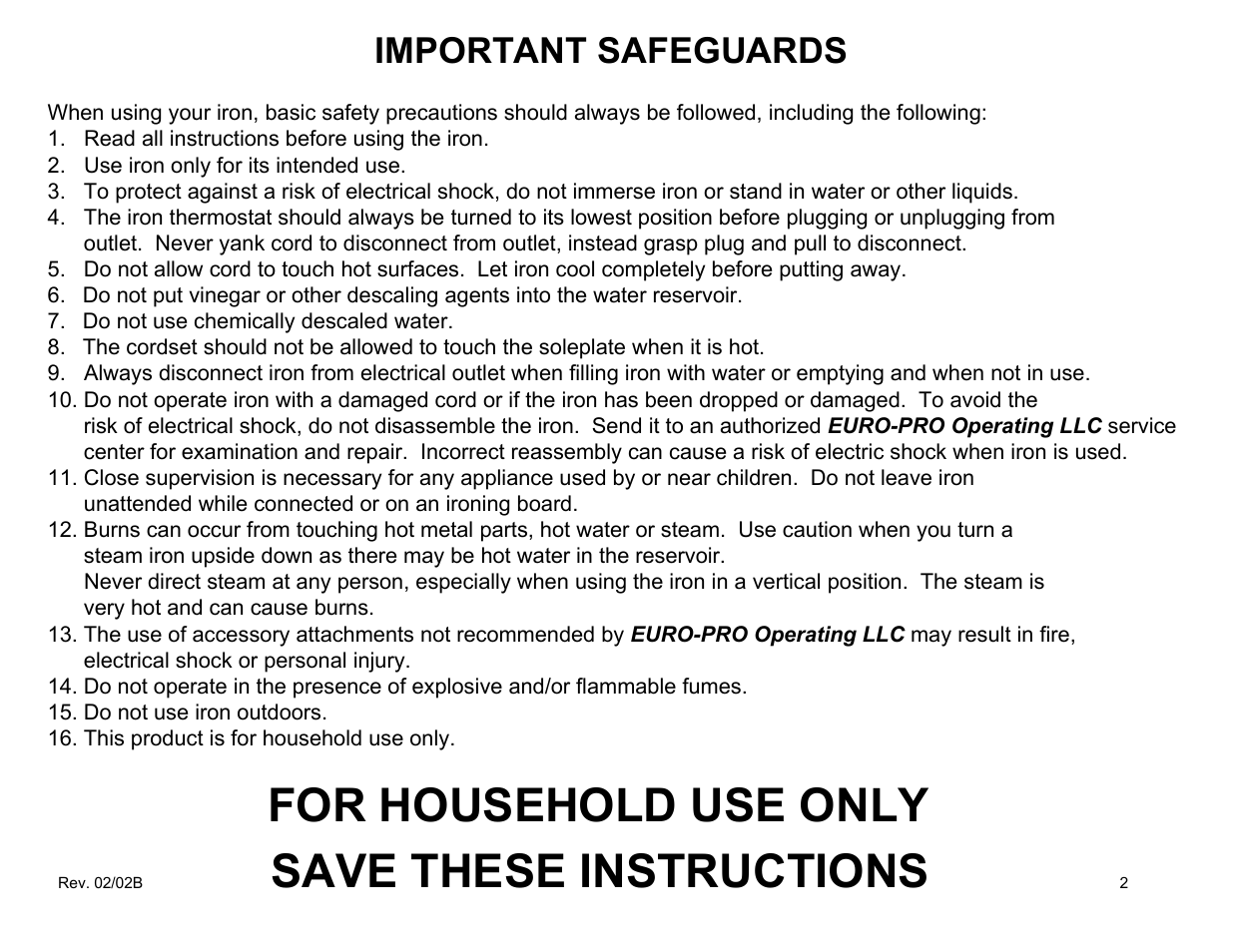 For household use only save these instructions, Important safeguards | Euro-Pro EP484 User Manual | Page 2 / 19