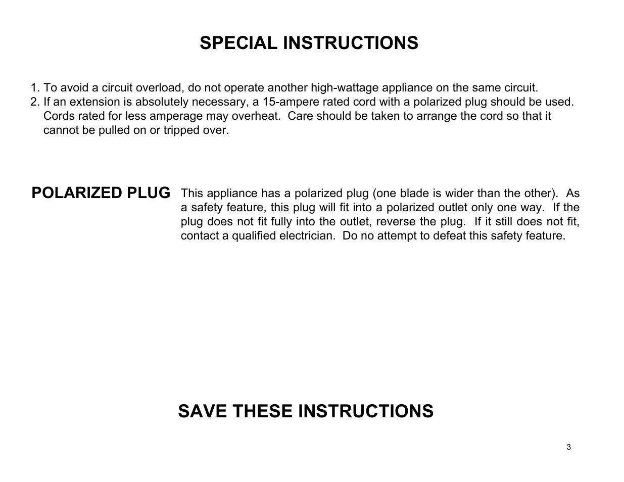 Special instructions, Save these instructions | Euro-Pro EP484 User Manual | Page 3 / 19