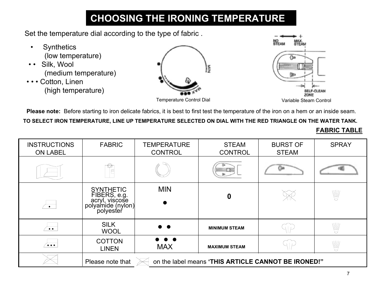 Choosing the ironing temperature | Euro-Pro EP484 User Manual | Page 7 / 19